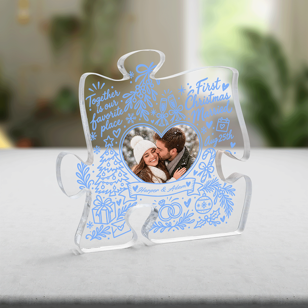 Personalized First Christmas Married Custom Photo Acrylic Puzzle Plaque, Custom Couple Name Date Blue Doodle Xmas Tabletop Keepsake, Newlywed Holiday Gift