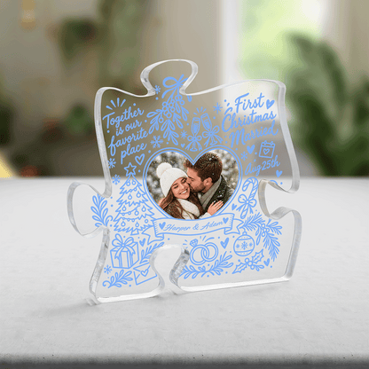 Personalized First Christmas Married Custom Photo Acrylic Puzzle Plaque, Custom Couple Name Date Blue Doodle Xmas Tabletop Keepsake, Newlywed Holiday Gift