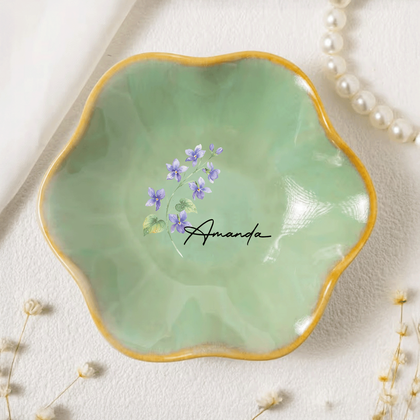 Personalized Birth Month Flower Jewelry Dish - Custom Name Trinket Dish, Mother’s Day Gift for Her