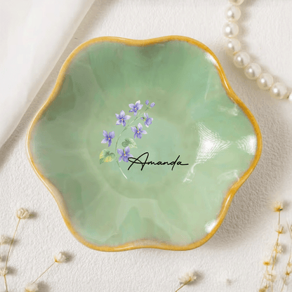 Personalized Birth Month Flower Jewelry Dish - Custom Name Trinket Dish, Mother’s Day Gift for Her