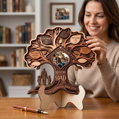 Personalized “Built by Dad” Wooden Sign – Family Tree Custom Photo Gift for Father’s Day