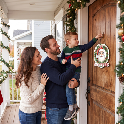 Personalized Santa Claus Wreath Custom Shape Wood Sign, Custom Family Name Santa Stop Here Pine Wreath Wooden Hanging Plaque, Festive Christmas Door & Wall Decor Family Gift