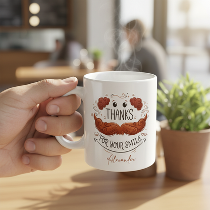 Custom Name Dad Mug – Thanks for Your Smile Funny Mustache Coffee Cup, Personalized Gift for Father