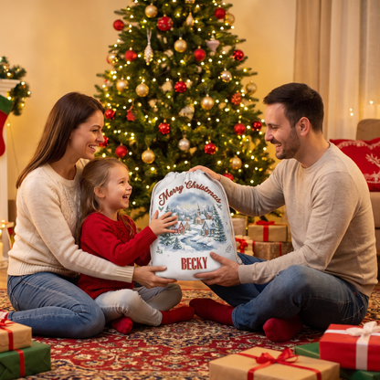 Personalized Merry Christmas Village Christmas Sack, Custom Name Santa Gift Bag