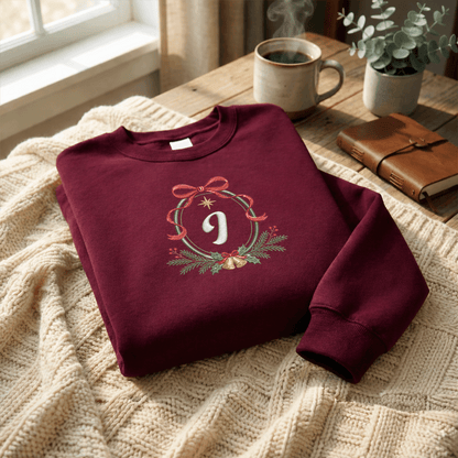 Personalized Embroidered Christmas Monogram Wreath Sweatshirt with Custom Initial