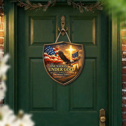 One Nation Under God USA 250th Anniversary Personalized 2-Layer Wood Sign – Custom Family Name Patriotic Door Sign
