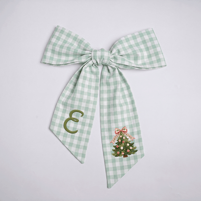 Custom Monogram Christmas Tree Embroidered Linen Door Wreath Sash, Personalized Initial Pink Bow Pine Tree Holiday Wreath Sash & Front Door Decor