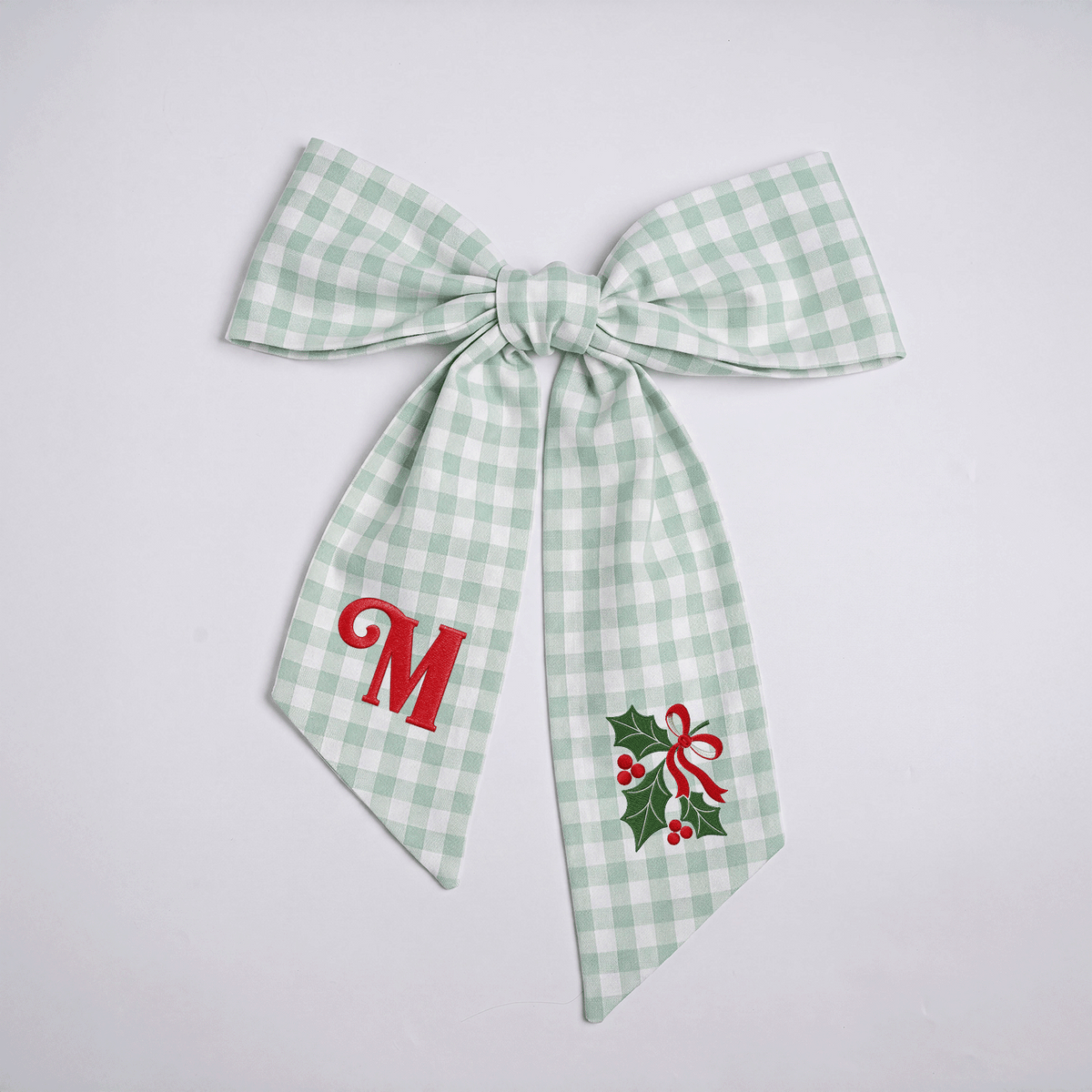 Custom Letter Christmas Holly Berry Embroidered Linen Wreath Sash, Personalized Monogram Holiday Bow Sash for Front Door Decor