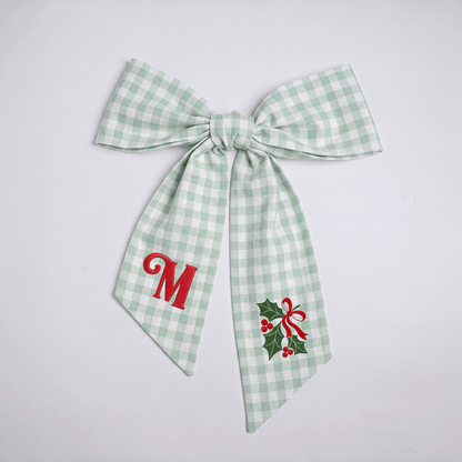 Custom Letter Christmas Holly Berry Embroidered Linen Wreath Sash, Personalized Monogram Holiday Bow Sash for Front Door Decor