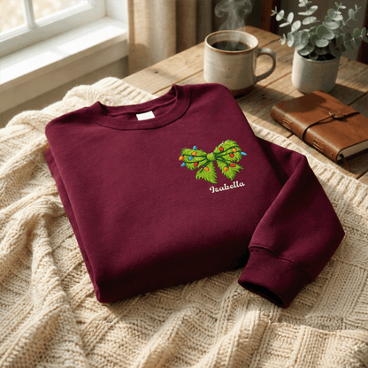 Personalized Christmas Bow Embroidered Sweatshirt, Custom Name Holiday Crewneck, Cute Christmas Sweatshirt Gift for Women, Kids & Family