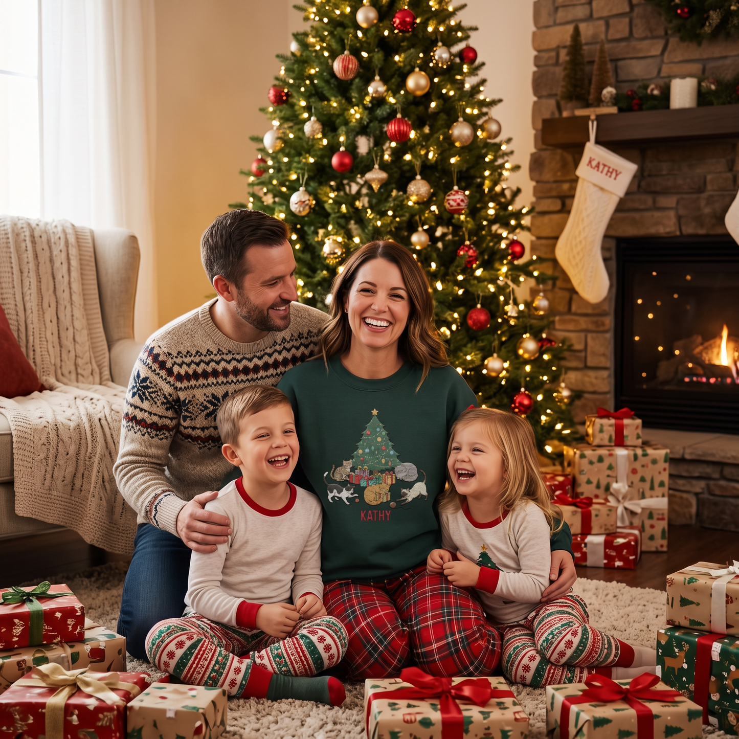 Personalized Christmas Cat Lover Sweatshirt with Custom Name | Cozy Holiday Cats Around Tree Crewneck