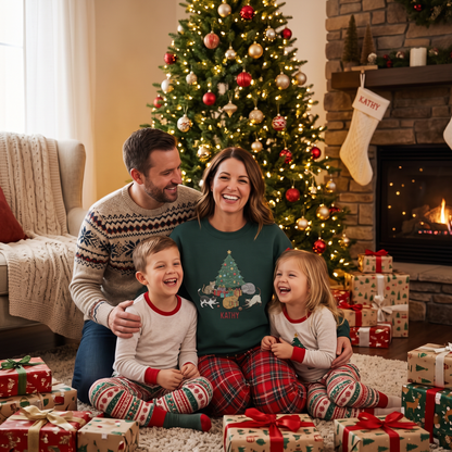 Personalized Christmas Cat Lover Sweatshirt with Custom Name | Cozy Holiday Cats Around Tree Crewneck