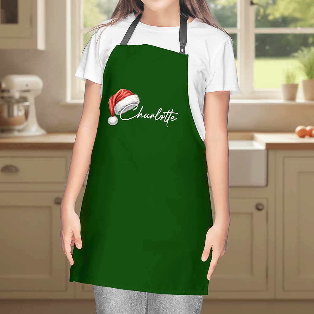 Personalized Christmas Apron with Santa Hat Name Design - Custom Holiday Cooking Apron