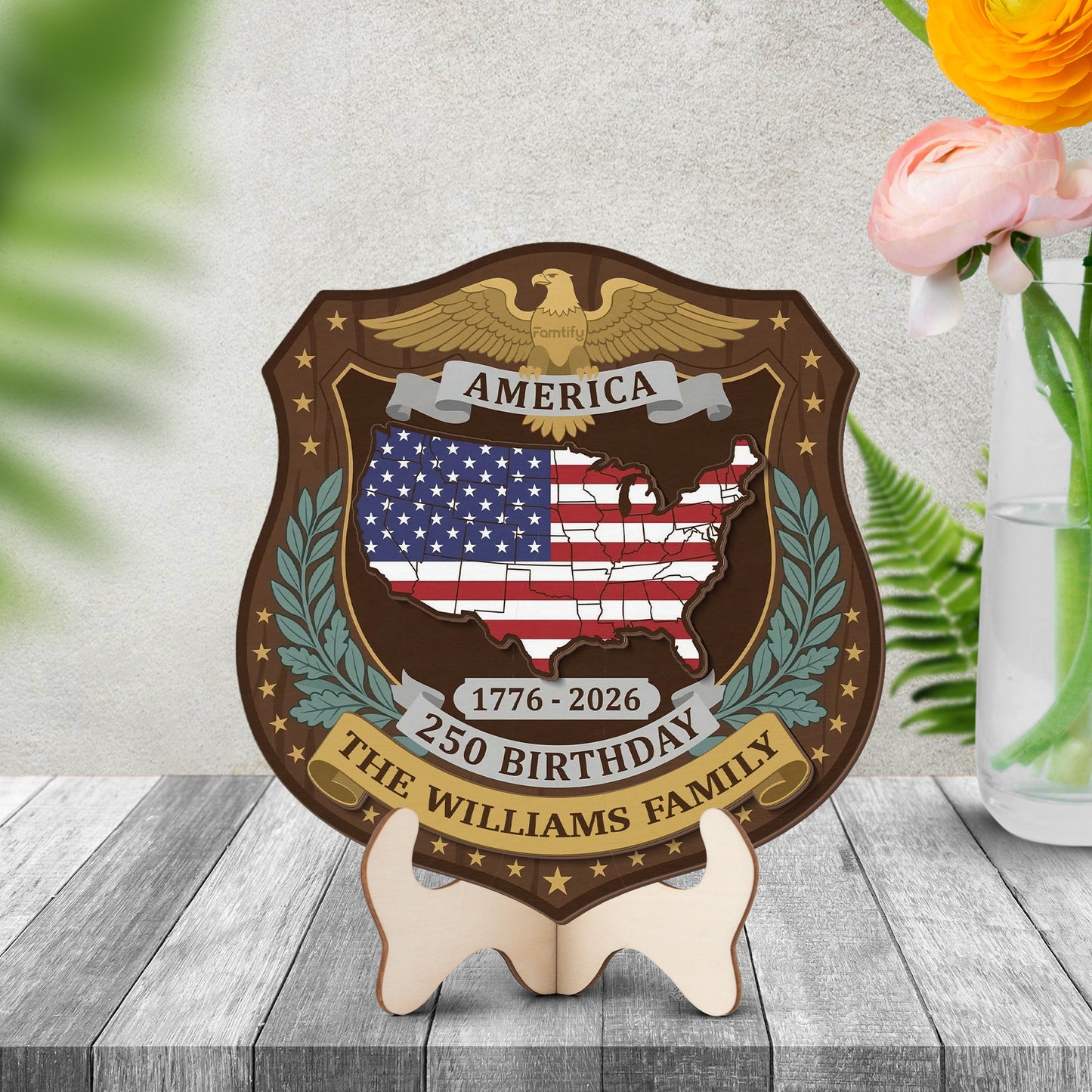 Personalized America 250th Birthday 1776-2026 2-Layer Wood Sign – Custom Family Name Patriotic Door Sign
