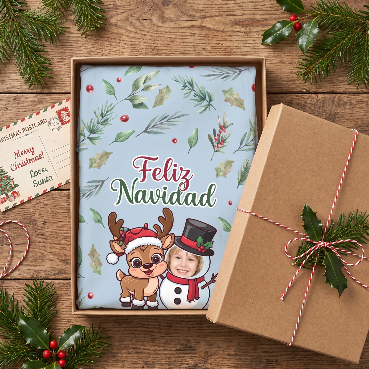 Folded Feliz Navidad custom face apron in a kraft gift box with a Christmas postcard and holly