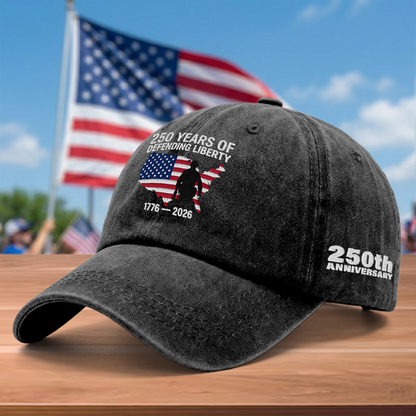250 Years of Defending Liberty 1776-2026 Embroidered Washed Denim Baseball Cap – Custom Name Patriotic USA Military Anniversary Hat