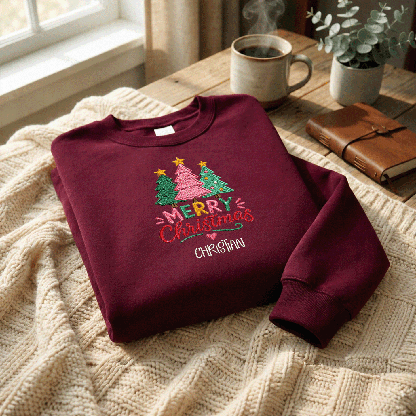 Personalized Embroidered Merry Christmas Trees Sweatshirt, Custom Name Holiday Pullover