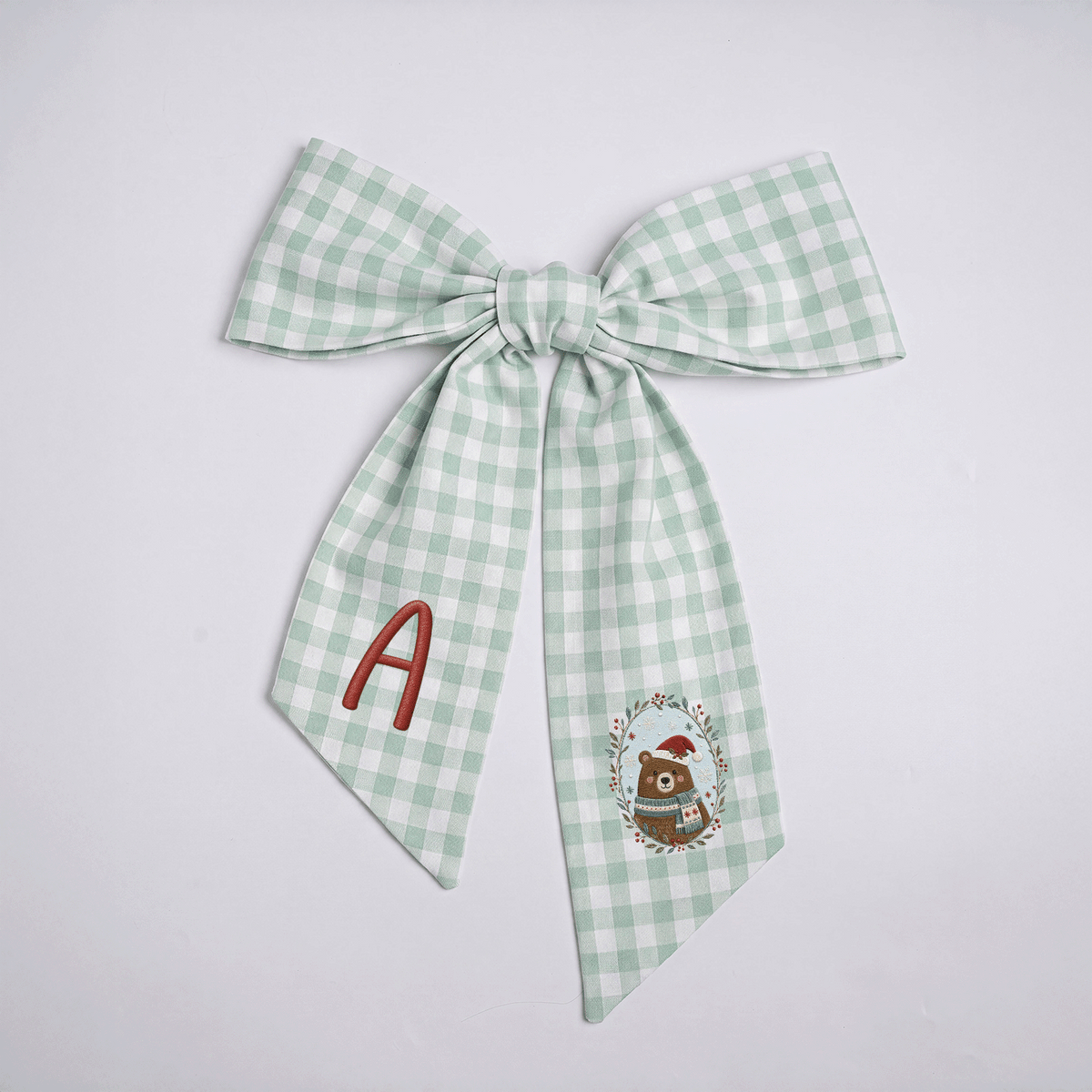 Personalized Monogram Christmas Bear Embroidered Linen Door Wreath Sash, Custom Initial Holiday Wreath Bow Sash Decor, Festive Front Door Home Accessories