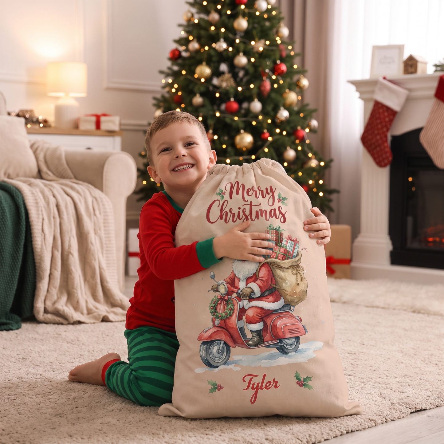 Personalized Cute Santa on Scooter Christmas Sack with Custom Name