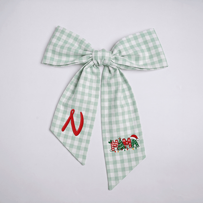 Custom Monogram Mama Embroidered Linen Door Wreath Sash, Personalized Initial Christmas Tree Lights Santa Hat Typography Holiday Wreath Sash & Front Door Decor