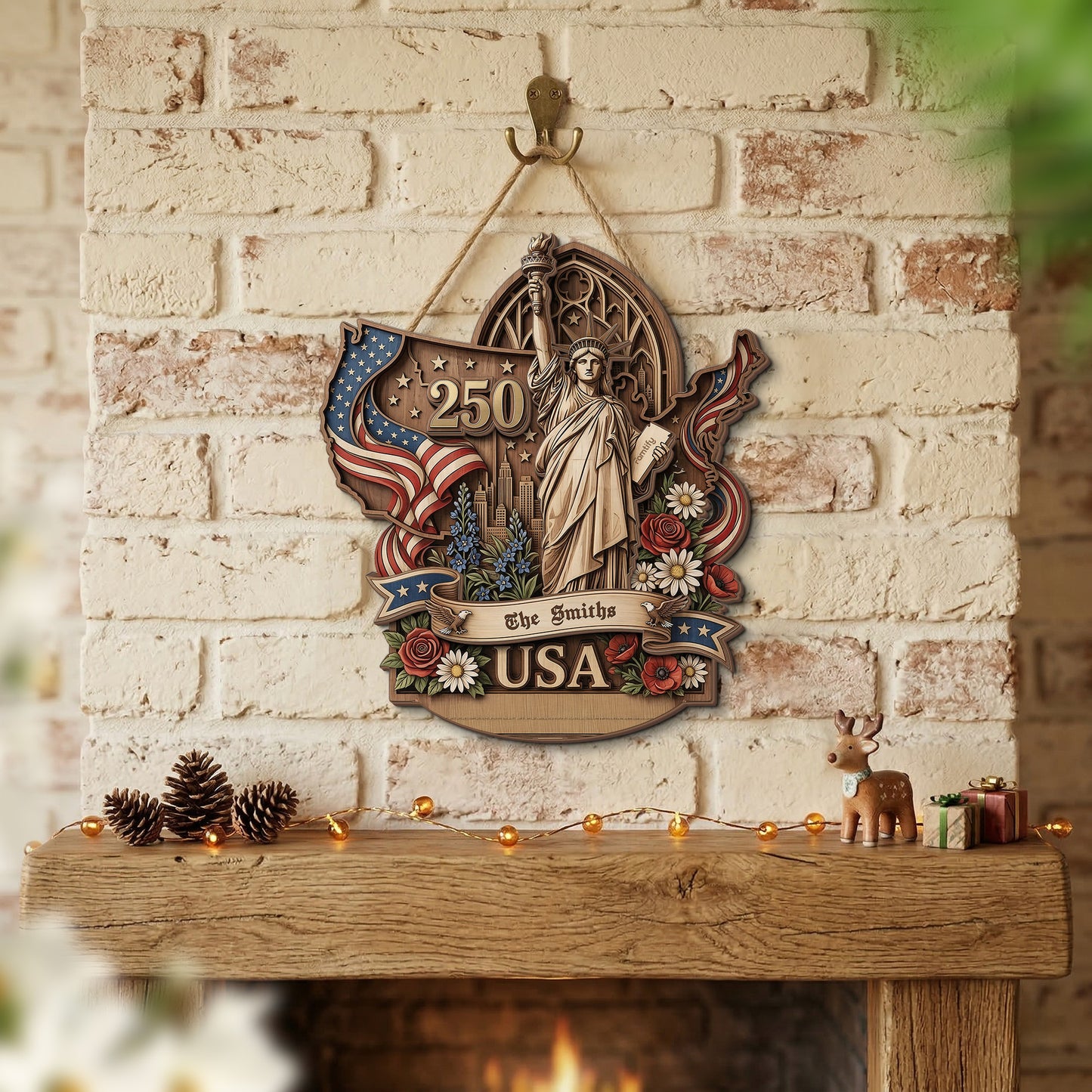 USA 250th Anniversary 2 Layer Wood Sign Statue Of Liberty Patriotic Custom Family Name Decor