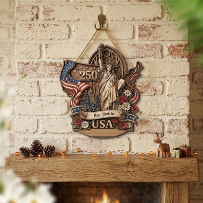 USA 250th Anniversary 2 Layer Wood Sign Statue Of Liberty Patriotic Custom Family Name Decor