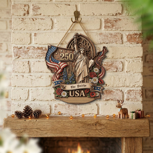USA 250th Anniversary 2 Layer Wood Sign Statue Of Liberty Patriotic Custom Family Name Decor