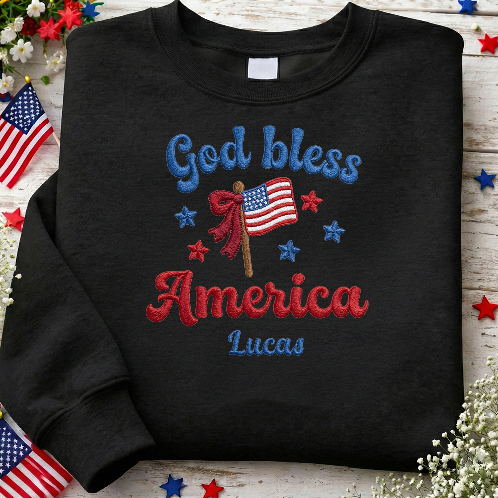 God Bless America - Patriotic USA Flag Sweater Design | Independence Day Embroidered Sweatshirt Graphic