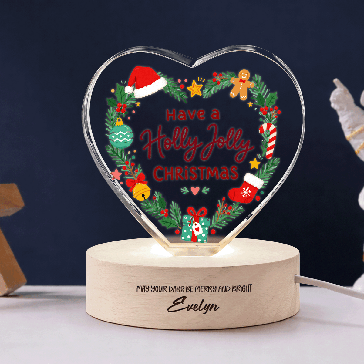 Custom Have A Holly Jolly Christmas Wreath 3D Laser Engraved Crystal Heart with LED Wooden Standee, Personalized Name Holiday Night Light Keepsake