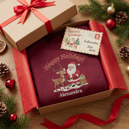 Personalized Santa & Reindeer Christmas Sweatshirt with Custom Name | Cozy Holiday Crewneck Gift