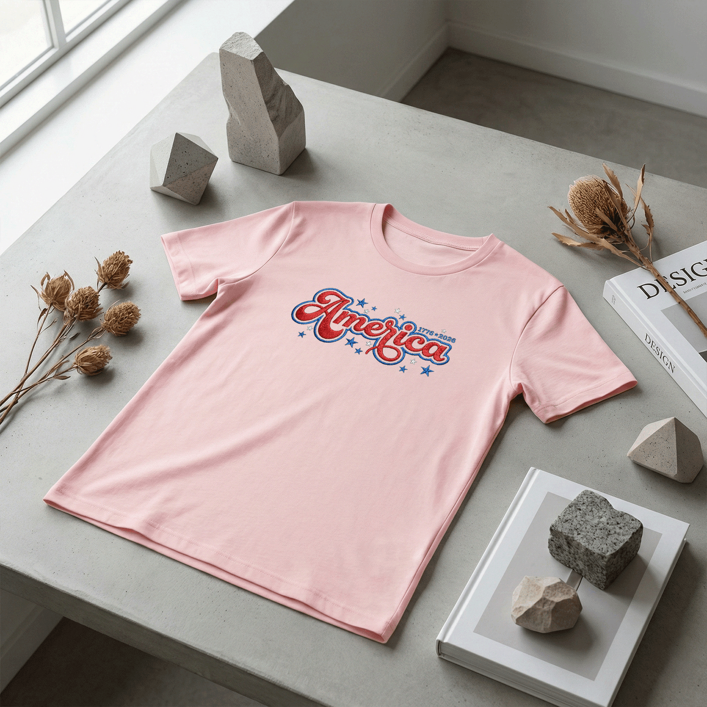 USA 250 Freedom - Embroidered T-Shirt 1776-2026 Patriotic Design