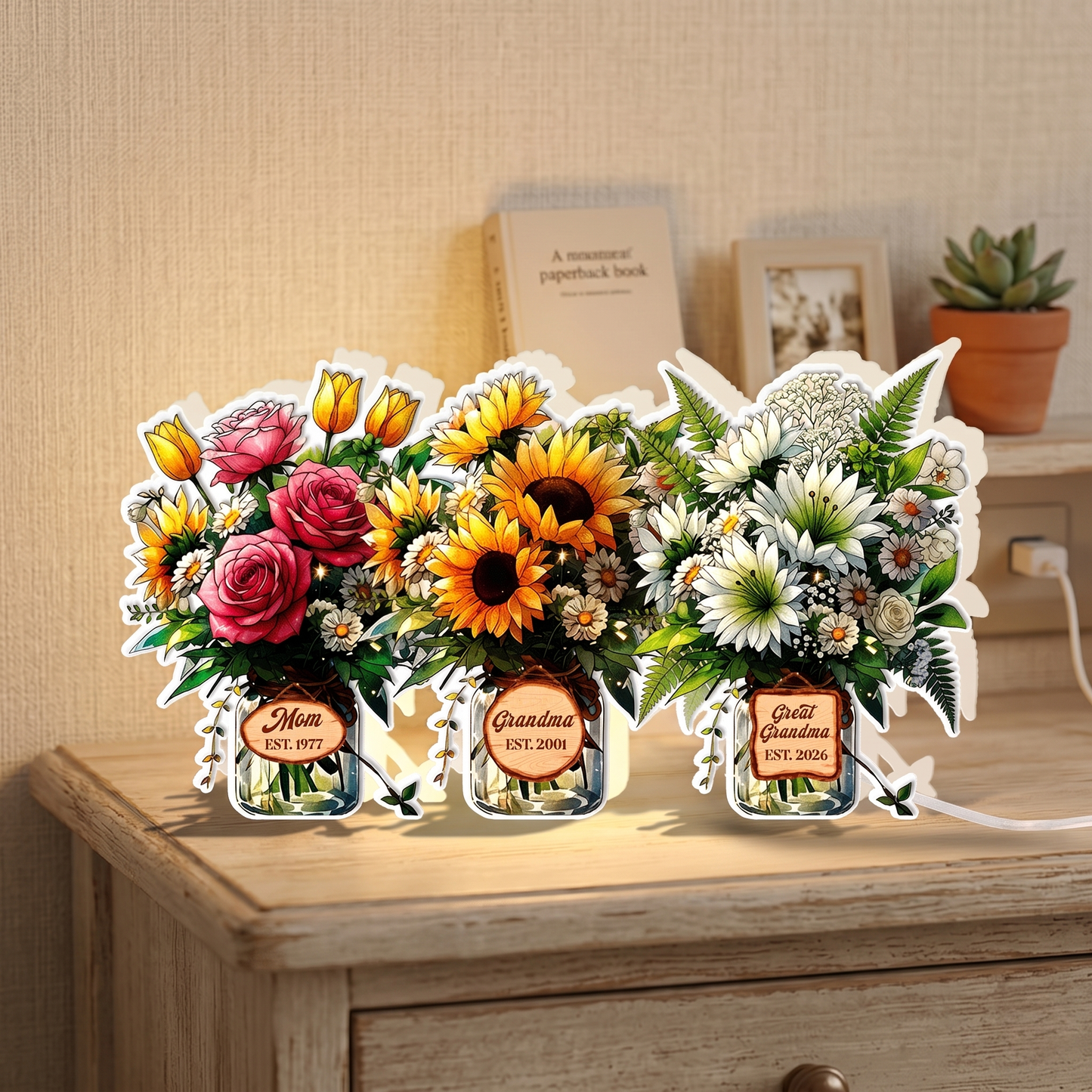 Personalized Mom and Child Flower Vase Night Light Box – Custom Acrylic LED Sign – Mother’s Day Gift