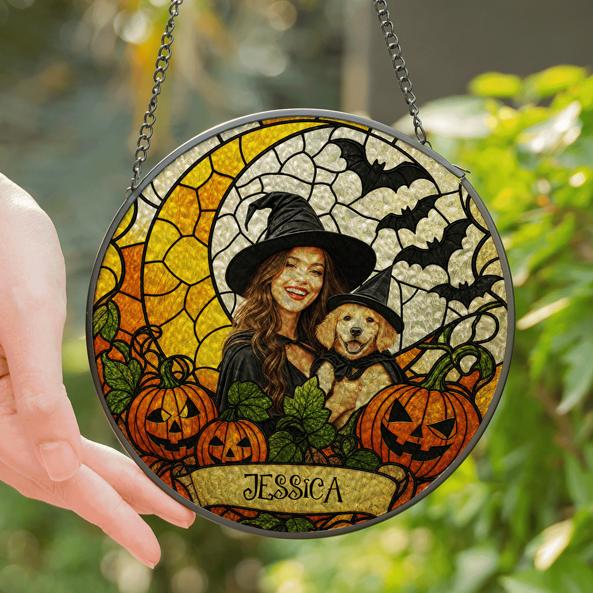 Personalized Halloween Witch Custom Photo Pet Stained Glass Suncatcher Window Hanging Custom Name Home Wall Decor