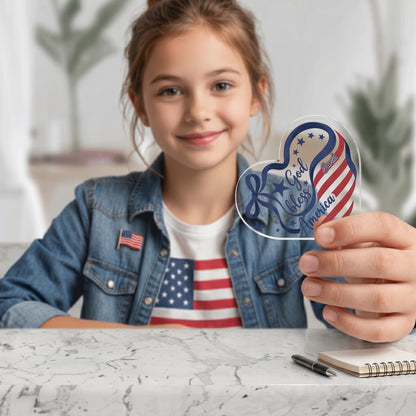 God Bless America Heart Shape Acrylic Plaque – Patriotic USA Keepsake