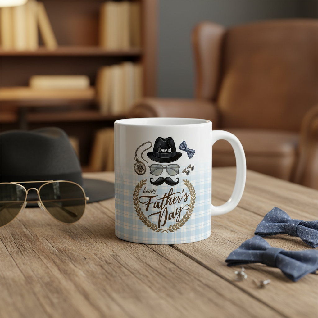Personalized Happy Father’s Day Mug – Custom Name Ceramic Coffee Cup, Vintage Style Gift for Dad