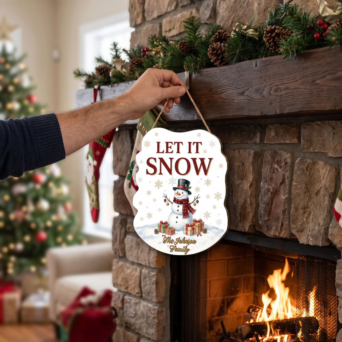 Personalized Snowman Custom Shape Wood Sign, Custom Family Name Let It Snow Winter Wooden Hanging Plaque, Festive Holiday Door & Wall Decor Family Gift