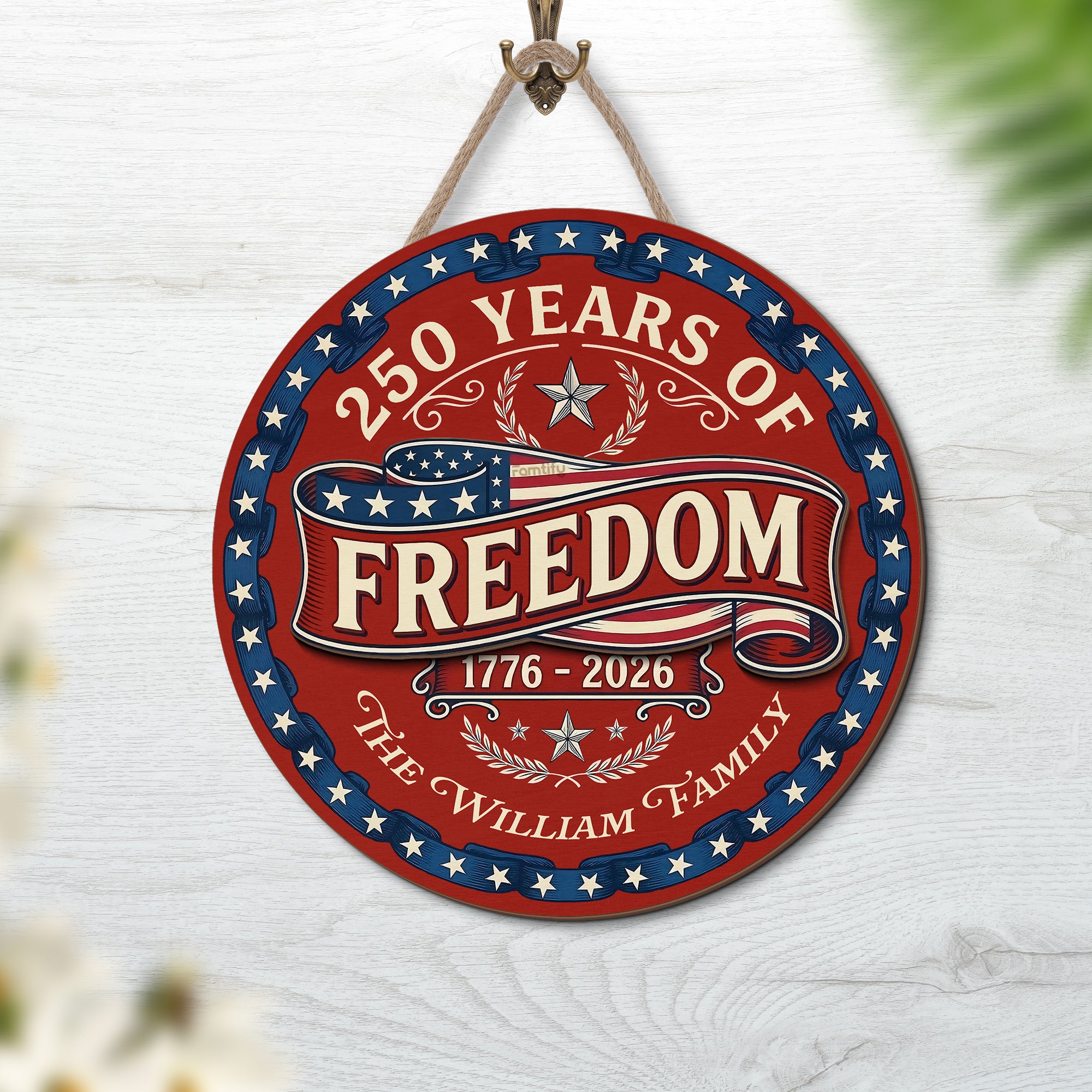 250 Years of Freedom Personalized 2-Layer Wood Sign – Custom Family Name Patriotic Door Sign