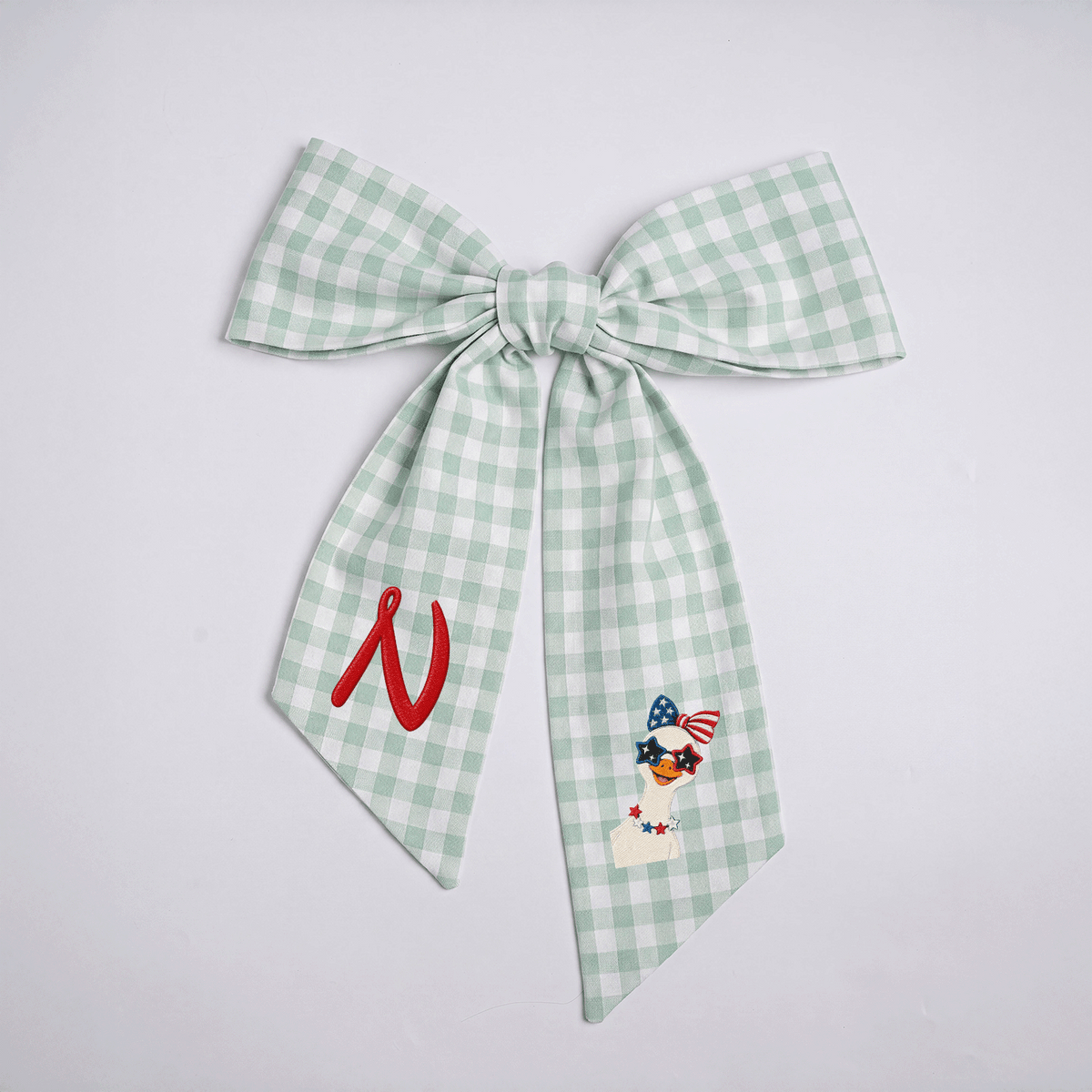 Custom Monogram Patriotic Goose Embroidered Linen Door Wreath Sash, Personalized Initial Bow Goose Gingham Holiday Wreath Sash & Front Door Decor