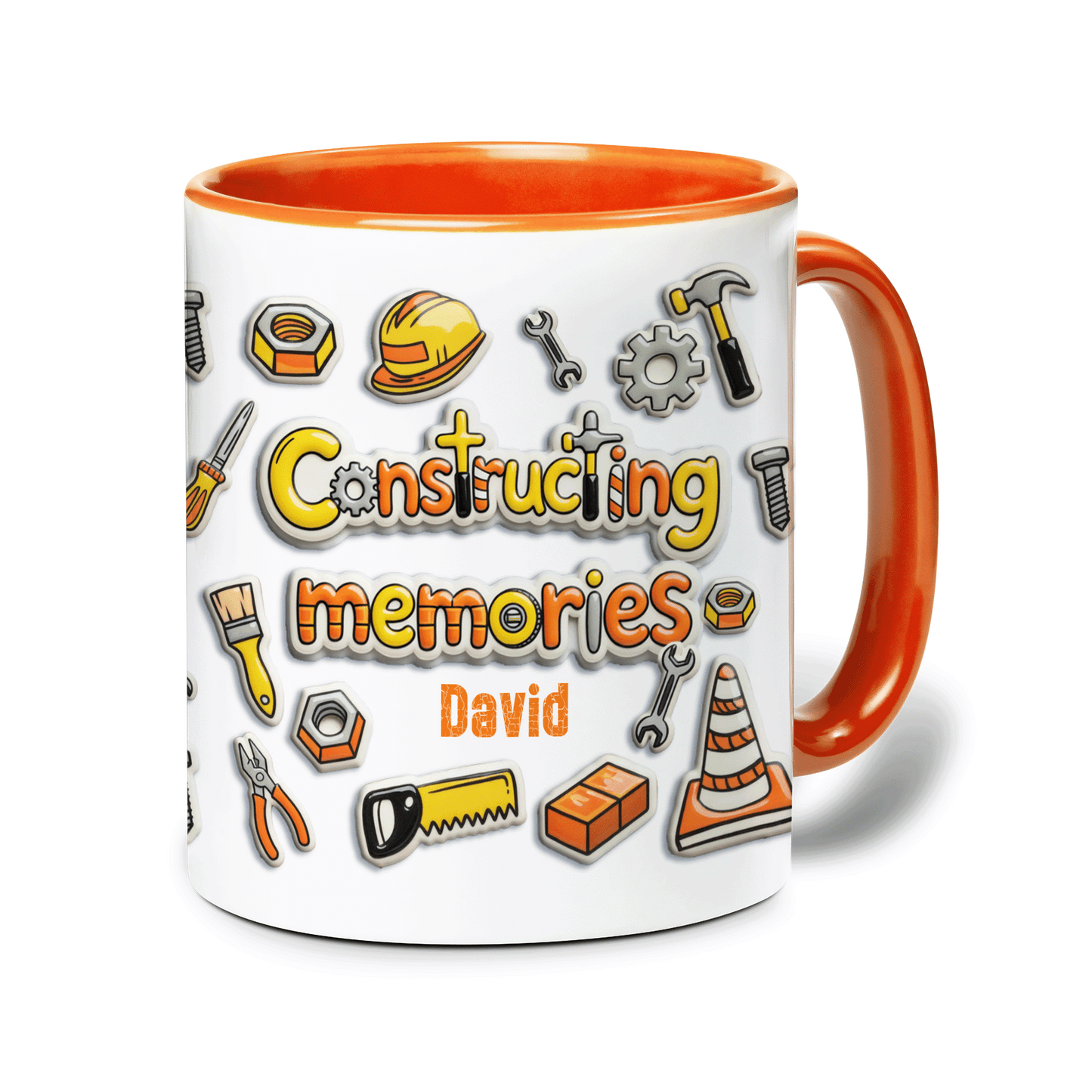 Personalized Dad Construction Mug – “Constructing Memories” Custom Name Coffee Mug