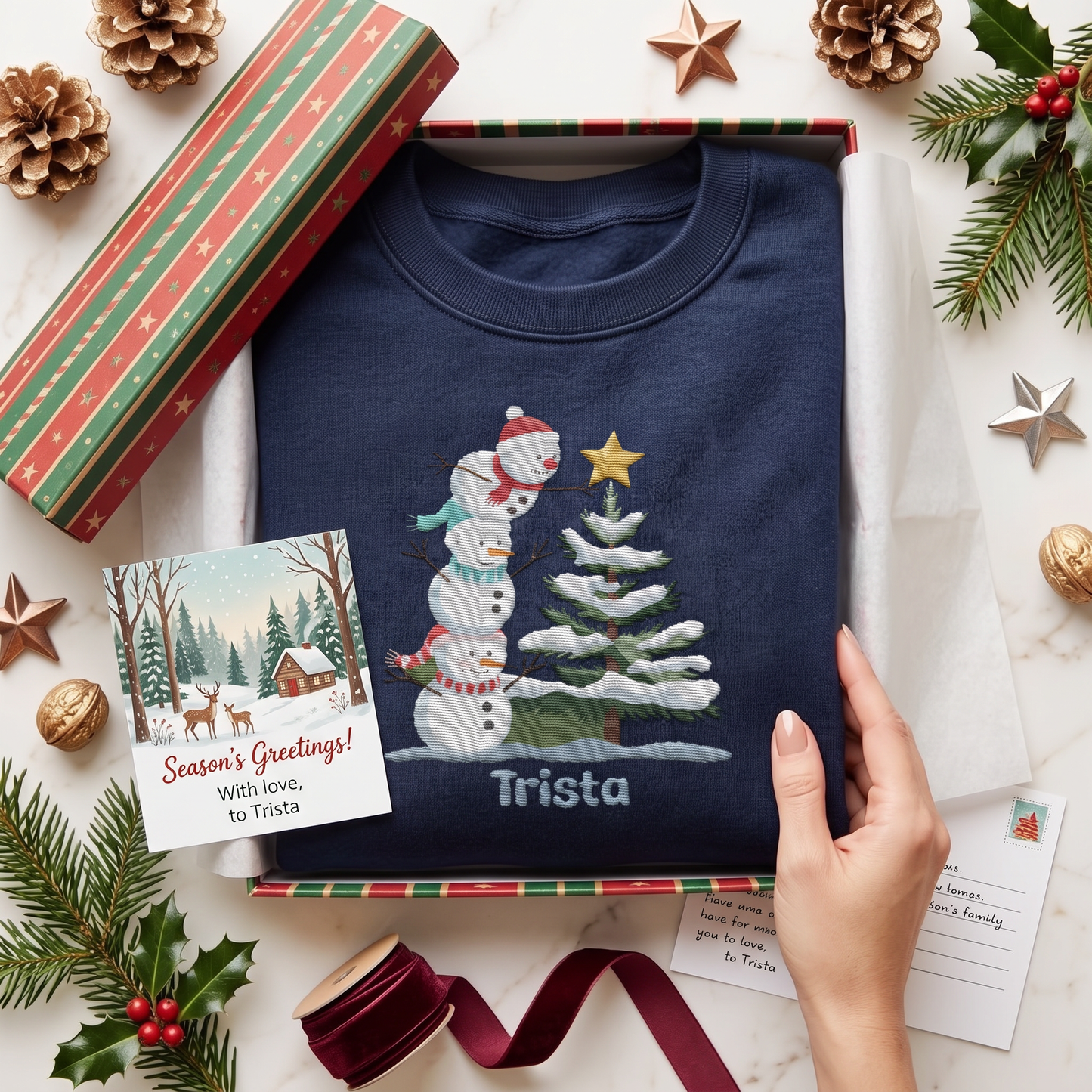 Personalized Snowman & Christmas Tree Embroidered Christmas Sweatshirt