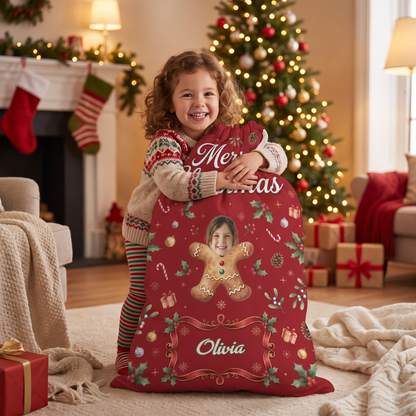 Personalized Cute Gingerbread Cookie Christmas Sack with Custom Face