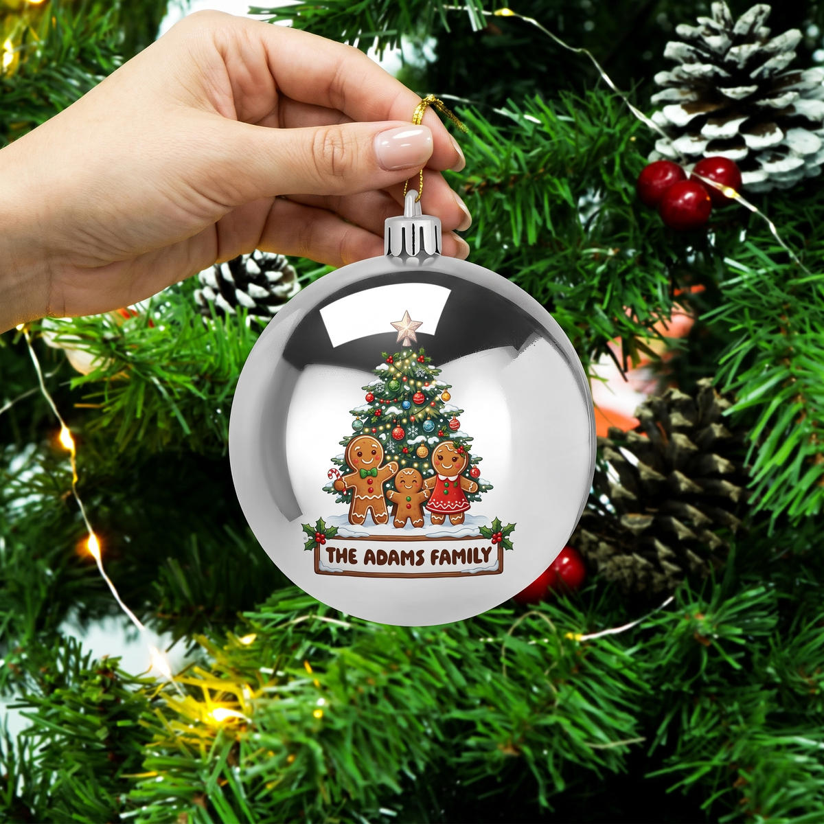 Personalized Family Name Gingerbread Family Silver Christmas Ball Ornament, Custom Full Color Shatterproof Plastic Bauble
