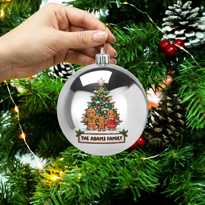 Personalized Family Name Gingerbread Family Silver Christmas Ball Ornament, Custom Full Color Shatterproof Plastic Bauble