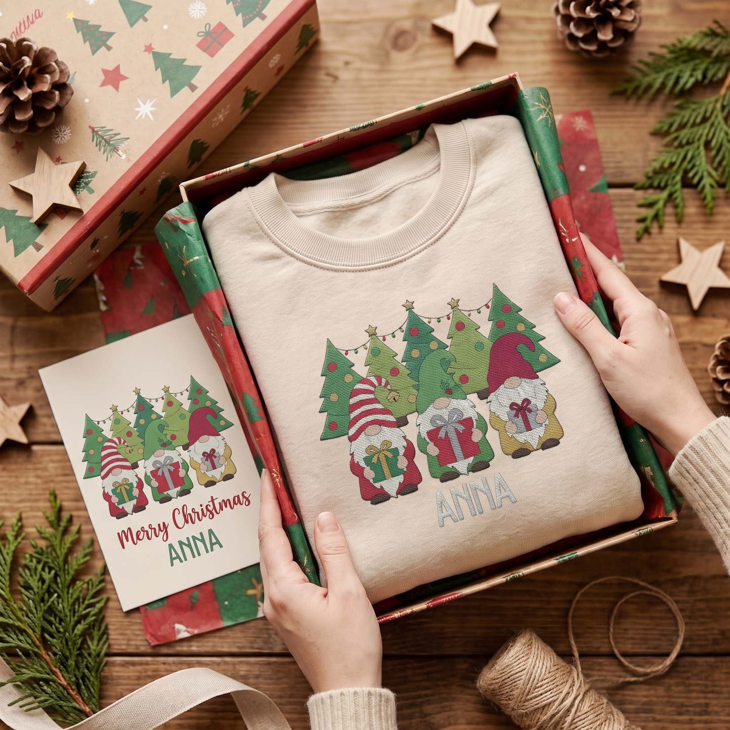 Personalized Christmas Gnome Embroidered Sweatshirt, Custom Name Holiday Tree Crewneck