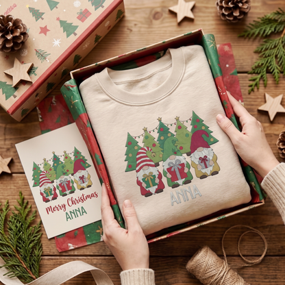 Personalized Christmas Gnome Embroidered Sweatshirt, Custom Name Holiday Tree Crewneck