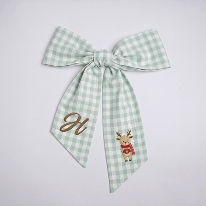 Custom Letter Christmas Reindeer Embroidered Linen Wreath Sash, Personalized Monogram Holiday Bow Sash for Door Decor