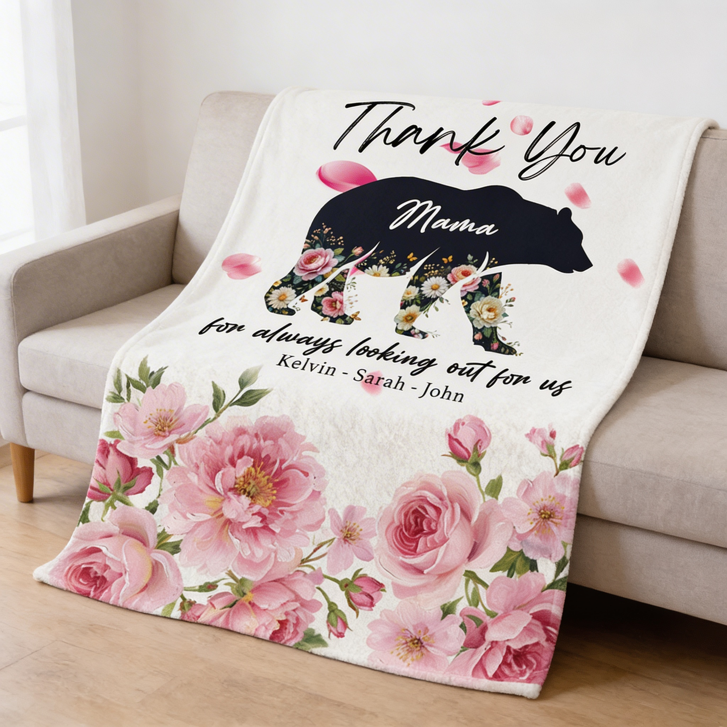 Personalized Mama Bear Sherpa Blanket – Floral Fleece Throw Gift for Mom with Custom Name