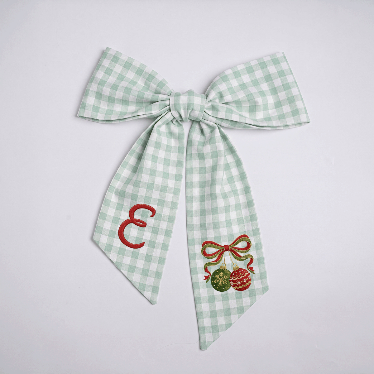 Custom Monogram Christmas Ornaments Embroidered Linen Door Wreath Sash, Personalized Initial Red Green Baubles Ribbon Holiday Wreath Sash & Front Door Decor