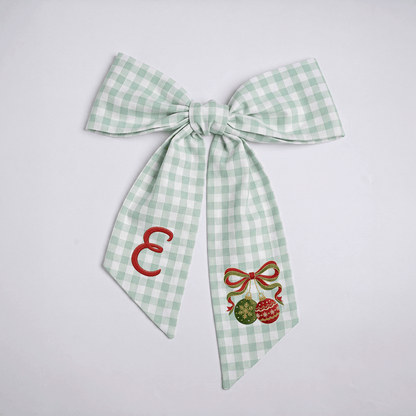Custom Monogram Christmas Ornaments Embroidered Linen Door Wreath Sash, Personalized Initial Red Green Baubles Ribbon Holiday Wreath Sash & Front Door Decor