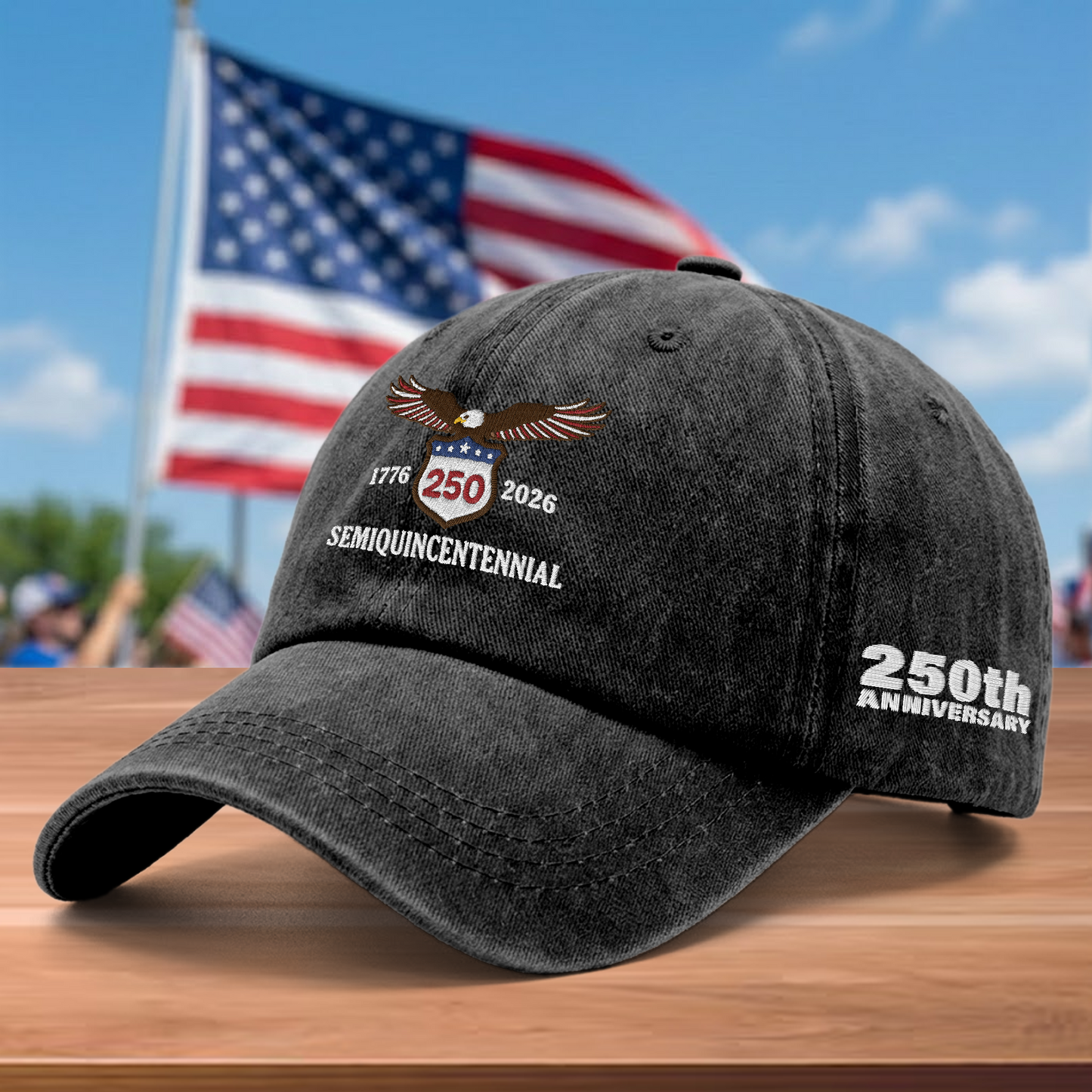 USA 250th Semiquincentennial 1776-2026 Eagle Embroidered Washed Denim Baseball Cap – Custom Name Patriotic Anniversary Hat